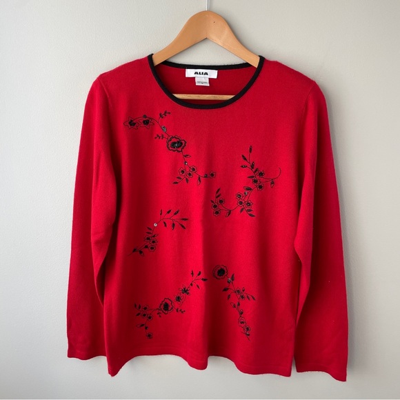 Alia Vintage Red Holiday Embroidered Floral Sweater with black accents - Picture 1 of 7